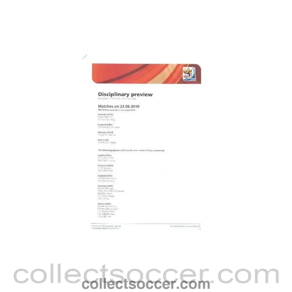 2010 World Cup official colour Disciplinary Preview 23/06/2010