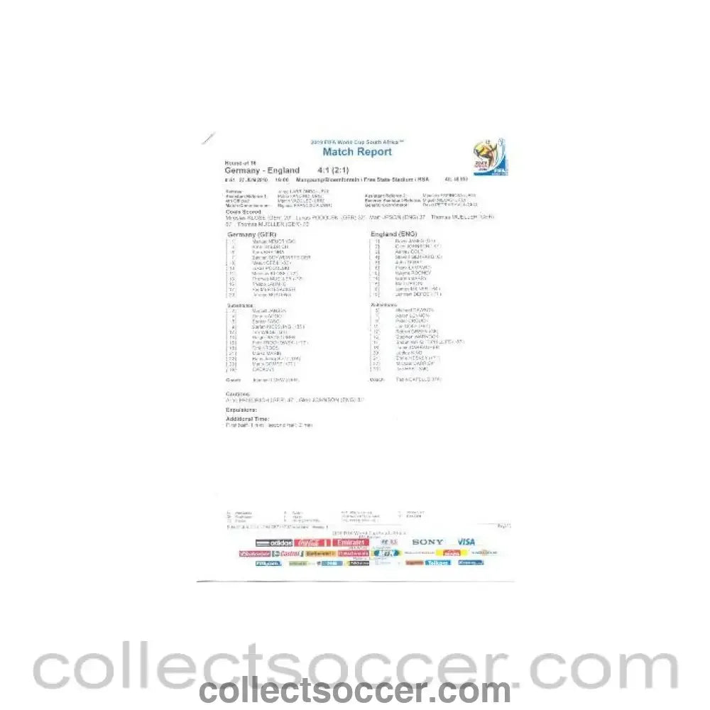 2010 World Cup official colour full-time Match Report Germany v England 27/06/2010