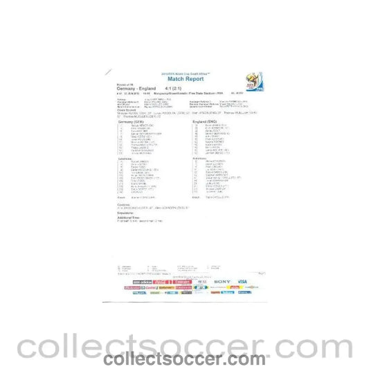 2010 World Cup official colour full - time Match Report Germany v England 27/06/2010 - Collect Soccer