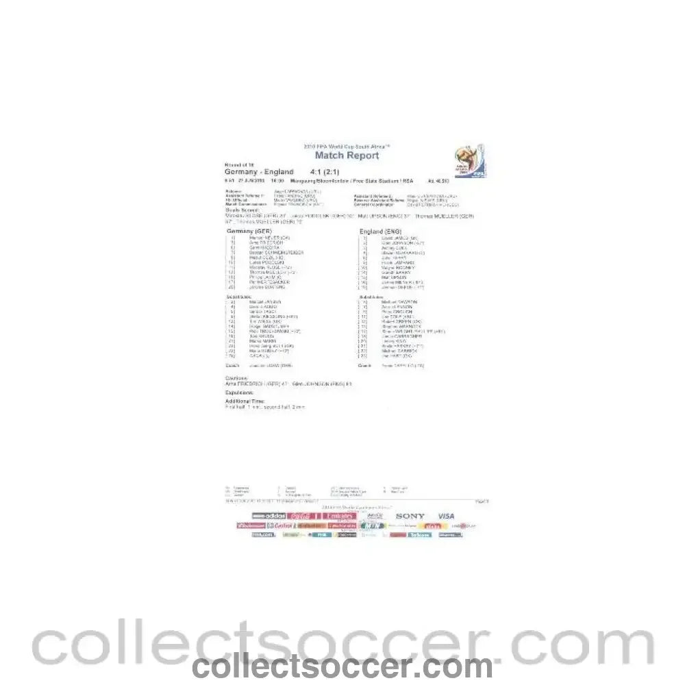 2010 World Cup official colour full-time Match Report Germany v England 27/06/2010