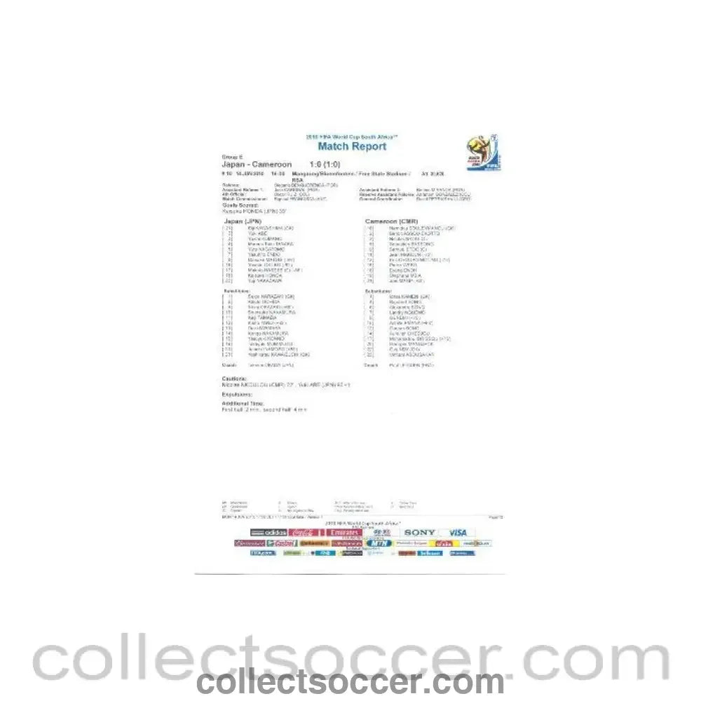 2010 World Cup official colour full - time Match Report Japan v Cameroon 14/06/2010 - Collect Soccer