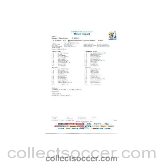 2010 World Cup official colour full - time Match Report Japan v Cameroon 14/06/2010 - Collect Soccer