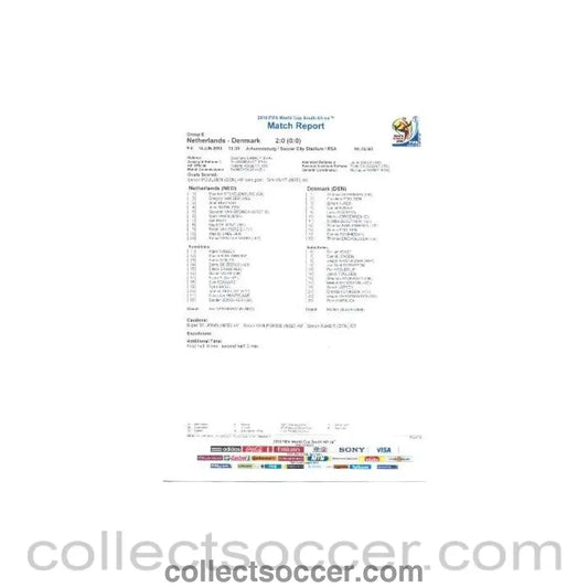 2010 World Cup official colour full-time Match Report Netherlands v Denmark 14/06/2010