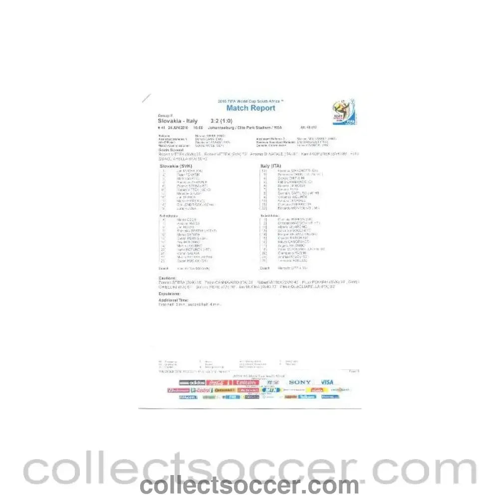 2010 World Cup official colour full - time Match Report Slovakia v Italy 24/06/2010 - Collect Soccer
