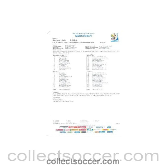 2010 World Cup official colour full - time Match Report Slovakia v Italy 24/06/2010 - Collect Soccer
