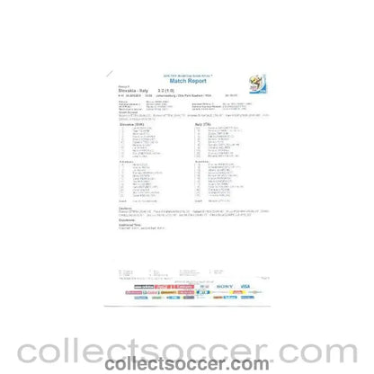 2010 World Cup official colour full - time Match Report Slovakia v Italy 24/06/2010 - Collect Soccer