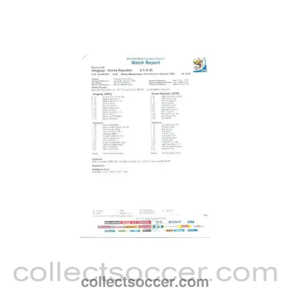 2010 World Cup official colour full - time Match Report Uruguay v South Korea 26/06/2010 - Collect Soccer
