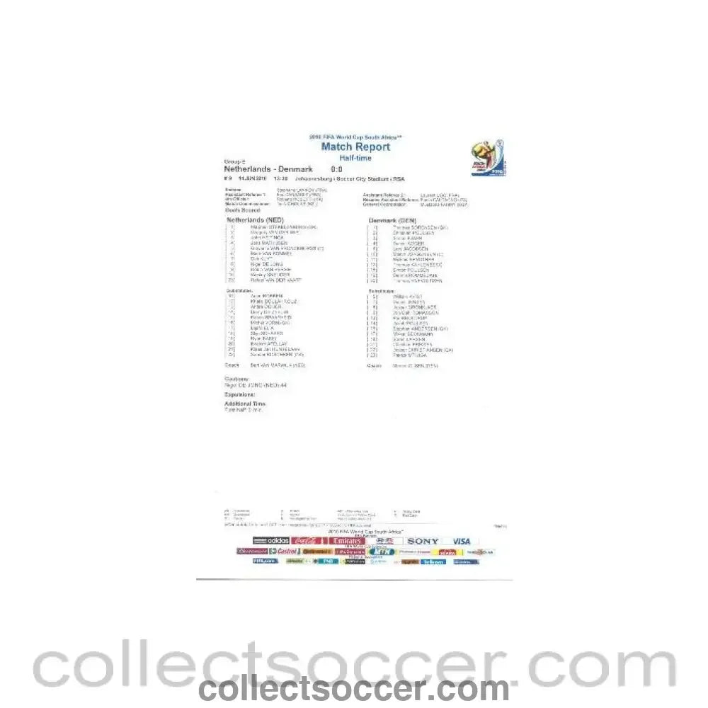 2010 World Cup official colour half-time Match Report Netherland v Denmark 14/06/2010