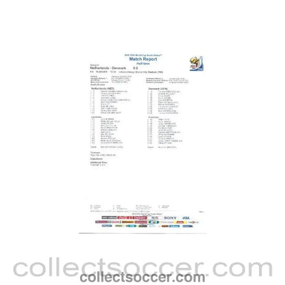 2010 World Cup official colour half-time Match Report Netherland v Denmark 14/06/2010