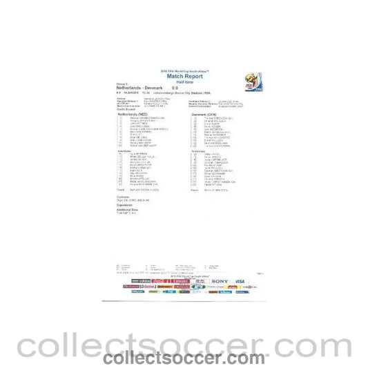 2010 World Cup official colour half-time Match Report Netherland v Denmark 14/06/2010