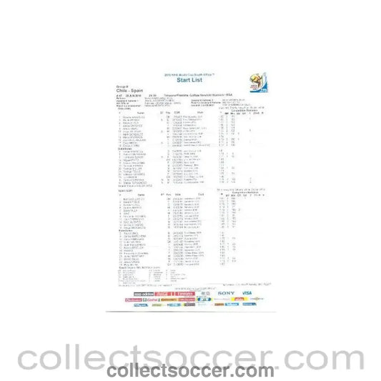 2010 World Cup official colour Start List Chile v Spain 25/06/2010