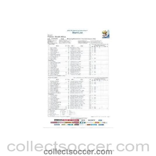 2010 World Cup official colour Start List France v South Africa 22/06/2010