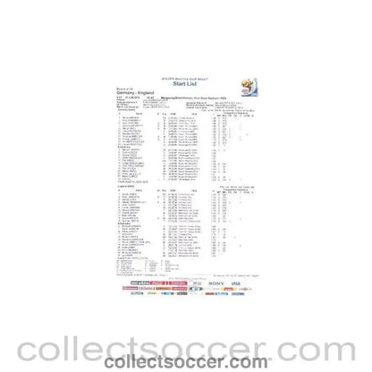 2010 World Cup official colour Start List Germany v England 27/06/2010