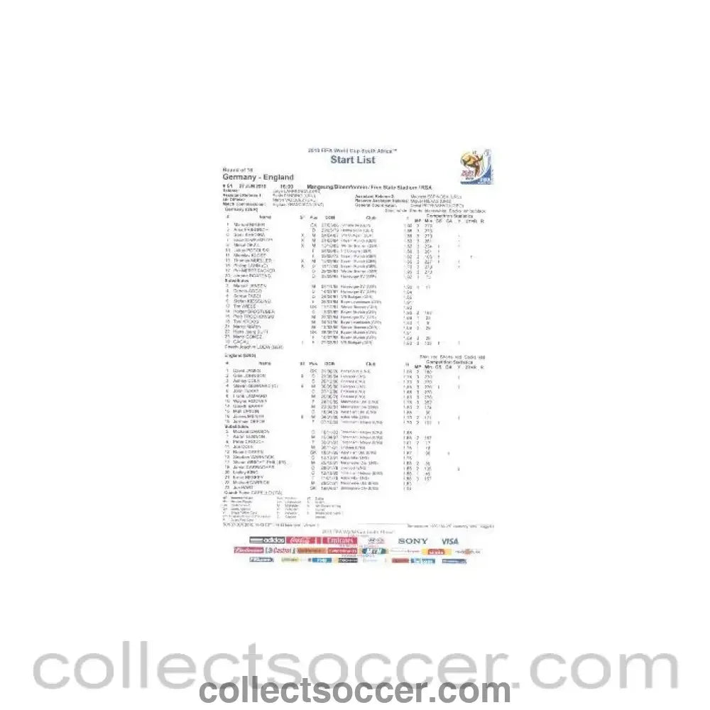2010 World Cup official colour Start List Germany v England 27/06/2010