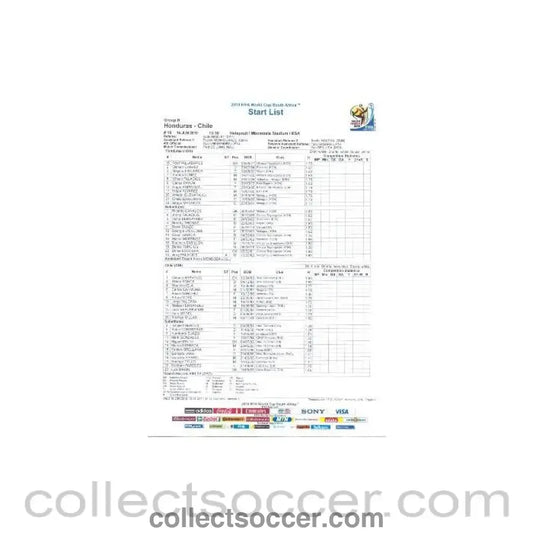 2010 World Cup official colour Start List Honduras v Chile 16/06/2010