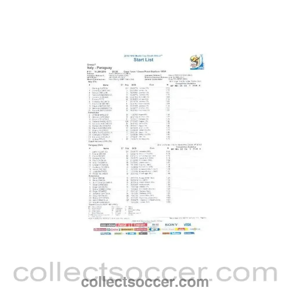 2010 World Cup official colour Start List Italy v Paraguay 14/06/2010 - Collect Soccer