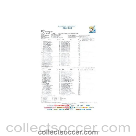 2010 World Cup official colour Start List Italy v Paraguay 14/06/2010