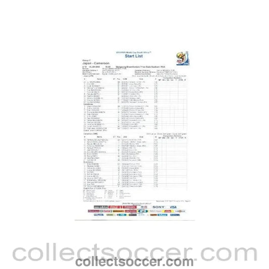 2010 World Cup official colour Start List Japan v Cameroon 14/06/2010