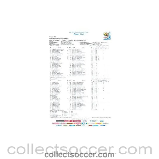 2010 World Cup official colour Start List Netherlands v Slovakia 28/06/2010