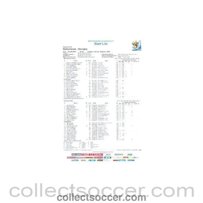 2010 World Cup official colour Start List Netherlands v Slovakia 28/06/2010 - Collect Soccer