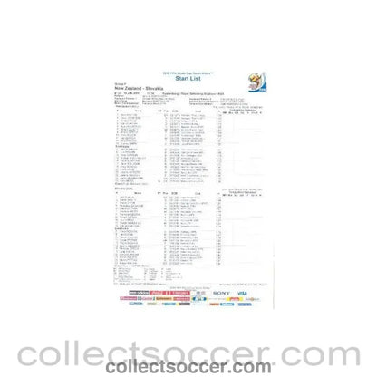 2010 World Cup official colour Start List New Zealand v Slovakia 15/06/2010 - Collect Soccer