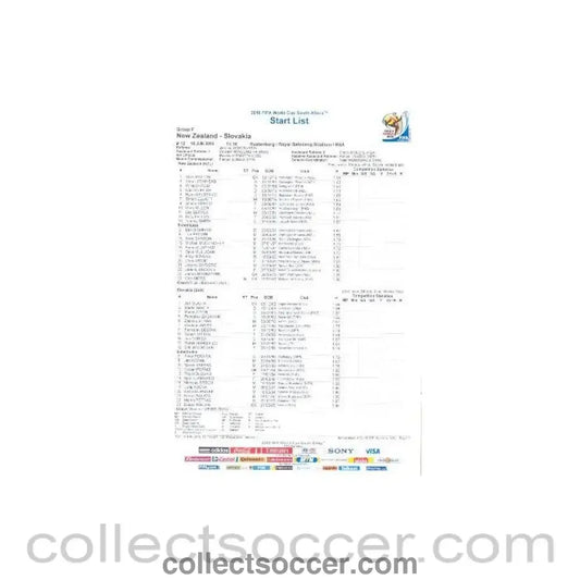 2010 World Cup official colour Start List New Zealand v Slovakia 15/06/2010