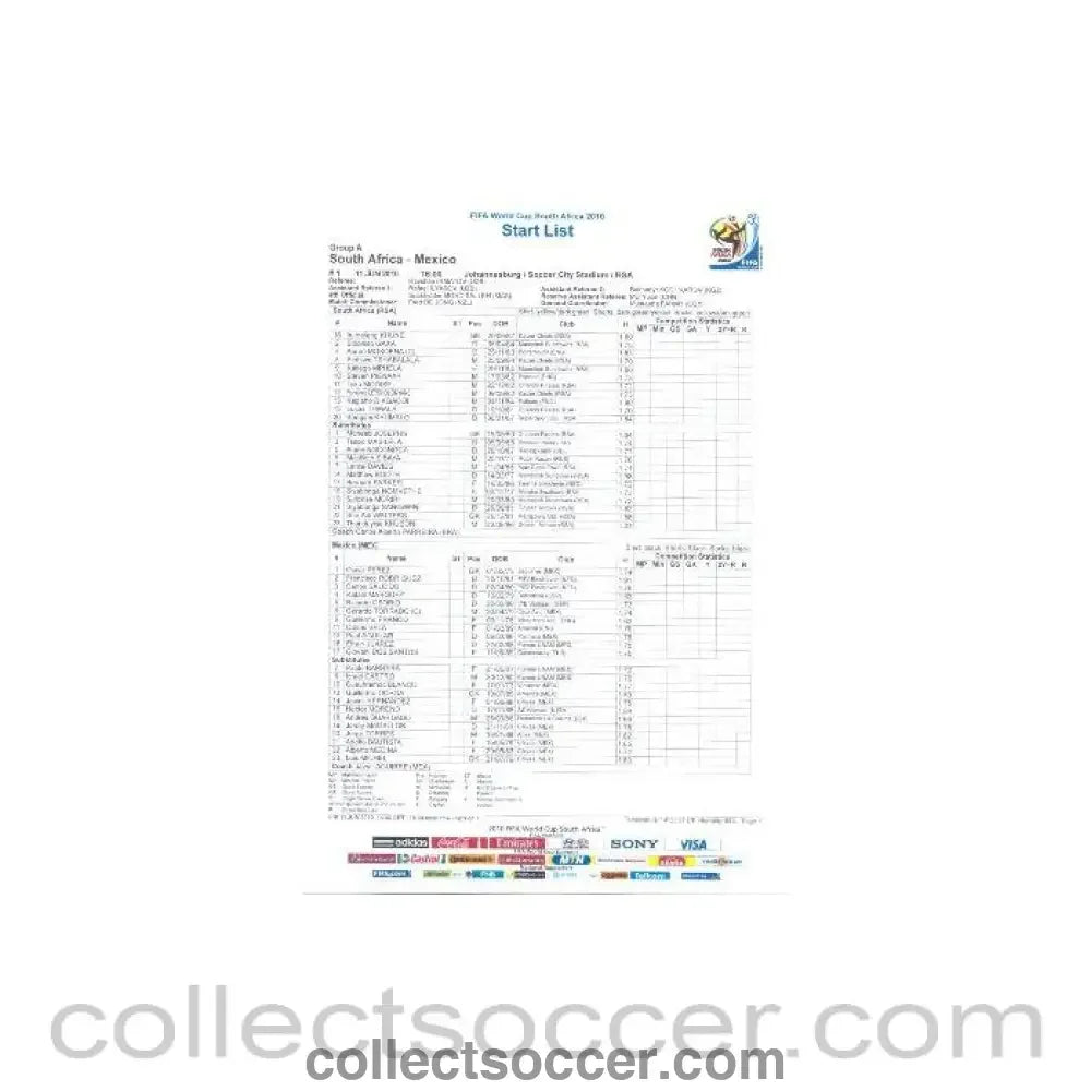 2010 World Cup official colour Start List South Africa v Mexico 11/06/2010 - Collect Soccer