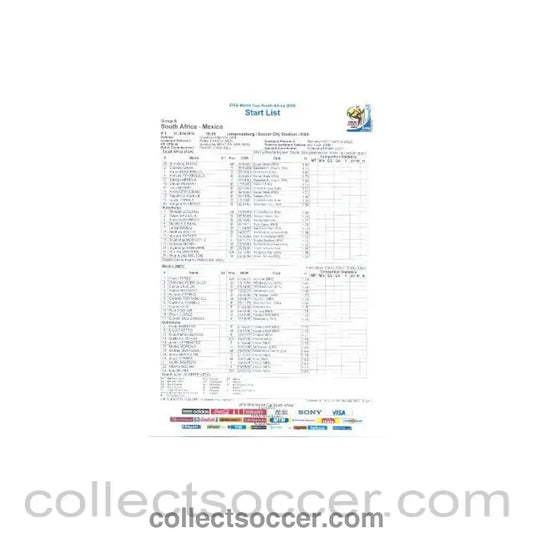 2010 World Cup official colour Start List South Africa v Mexico 11/06/2010