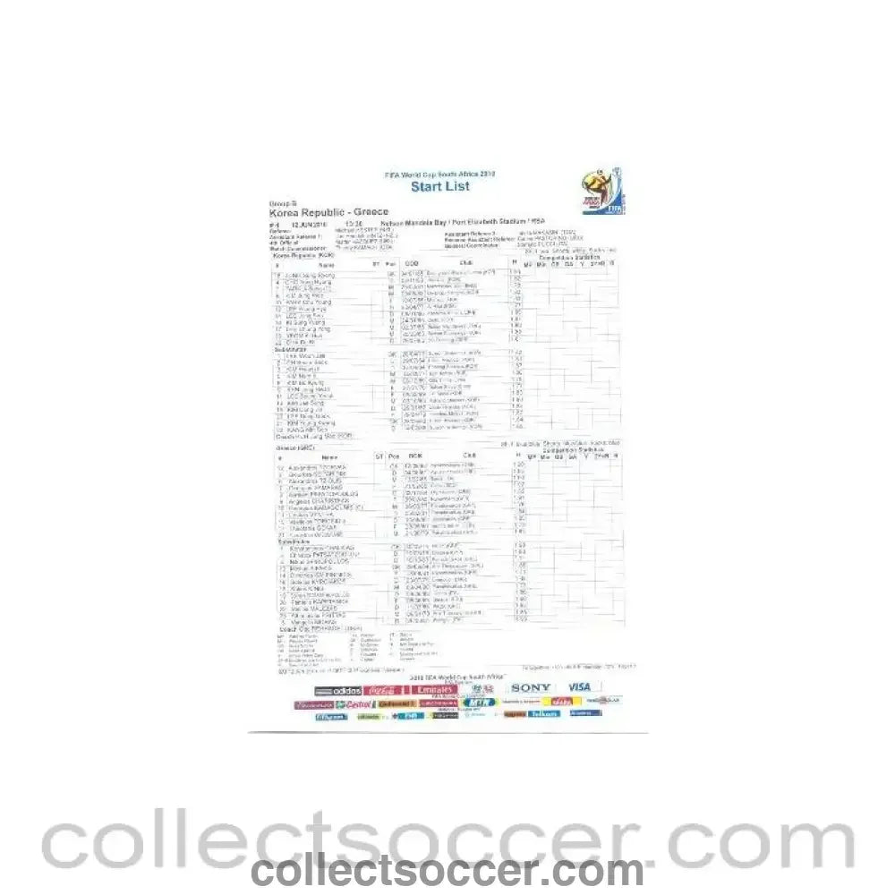 2010 World Cup official colour Start List South Korea v Greece 12/06/2010 - Collect Soccer
