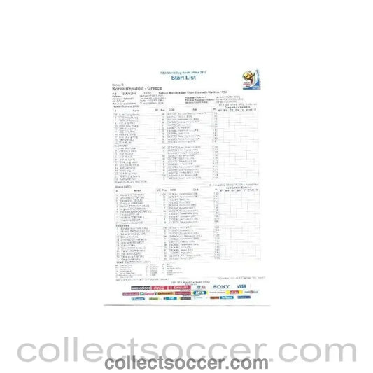 2010 World Cup official colour Start List South Korea v Greece 12/06/2010