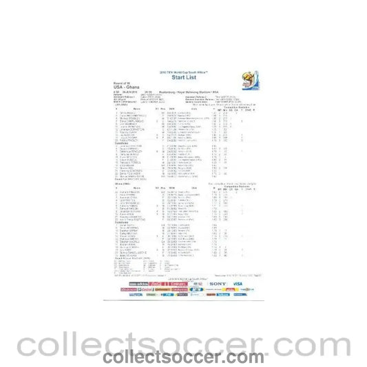 2010 World Cup official colour Start List USA v Ghana 26/06/2010