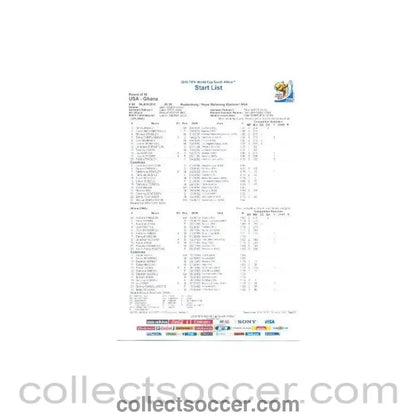 2010 World Cup official colour Start List USA v Ghana 26/06/2010 - Collect Soccer
