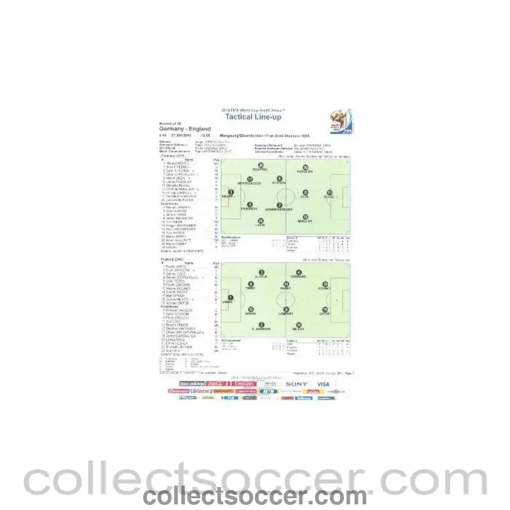 2010 World Cup official colour Tactical Line-Up Germany v England 27/06/2010