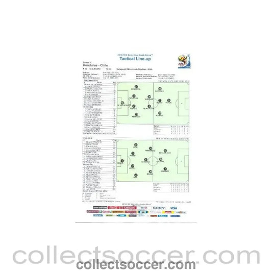 2010 World Cup official colour Tactical Line-Up Honduras v Chile 16/06/2010