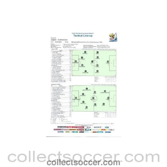 2010 World Cup official colour Tactical Line - Up Japan v Cameroon 14/06/2010 - Collect Soccer