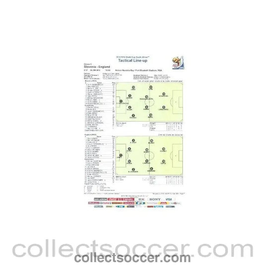 2010 World Cup official colour Tactical Line - Up Slovenia v England 23/06/2010 - Collect Soccer