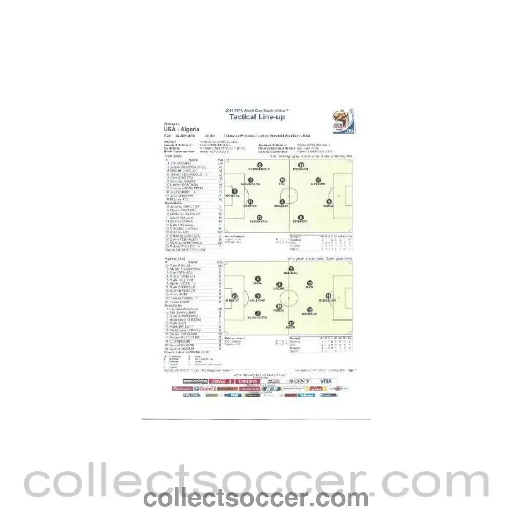2010 World Cup official colour Tactical Line - Up USA v Algeria 23/06/2010 - Collect Soccer