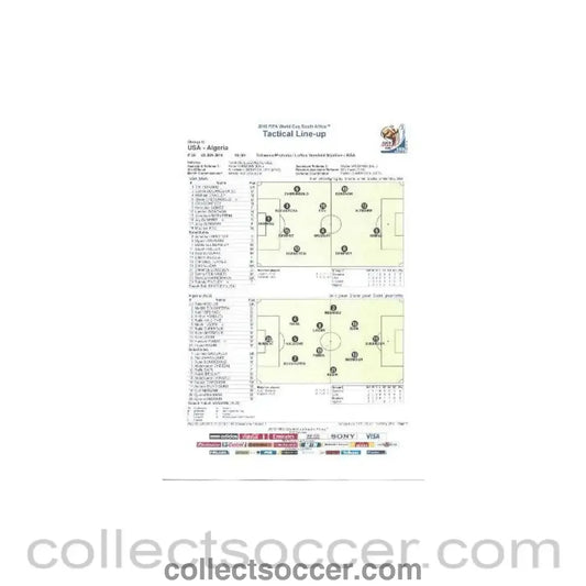 2010 World Cup official colour Tactical Line - Up USA v Algeria 23/06/2010 - Collect Soccer