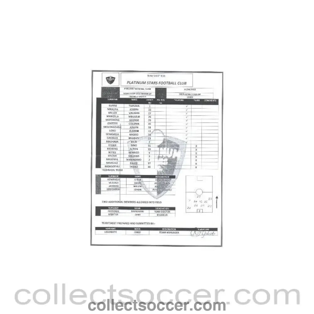 2010 World Cup official teamsheet Platinum Stars F.C. v England 07/06/2010 World Cup 2010 Warm - Up Friendly Match - Collect Soccer