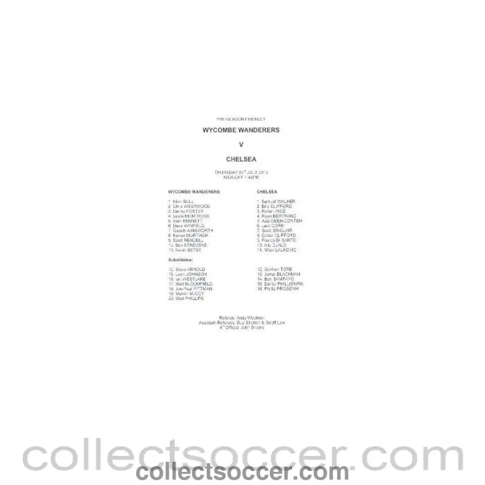 2010 - Wycombe Wanderars v Chelsea teamsheet 29/07/2010 - Collect Soccer