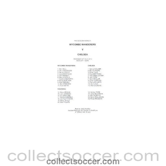 2010 - Wycombe Wanderars v Chelsea teamsheet 29/07/2010 - Collect Soccer