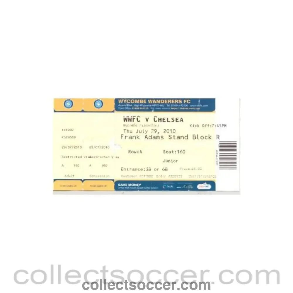 2010 - Wycombe Wanderars v Chelsea ticket 29/07/2010 - Collect Soccer