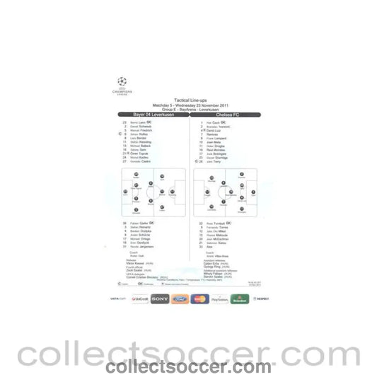 2011 - Bayer Leverkusen v Chelsea Tactical Line-Ups 23/11/2011 Champions League