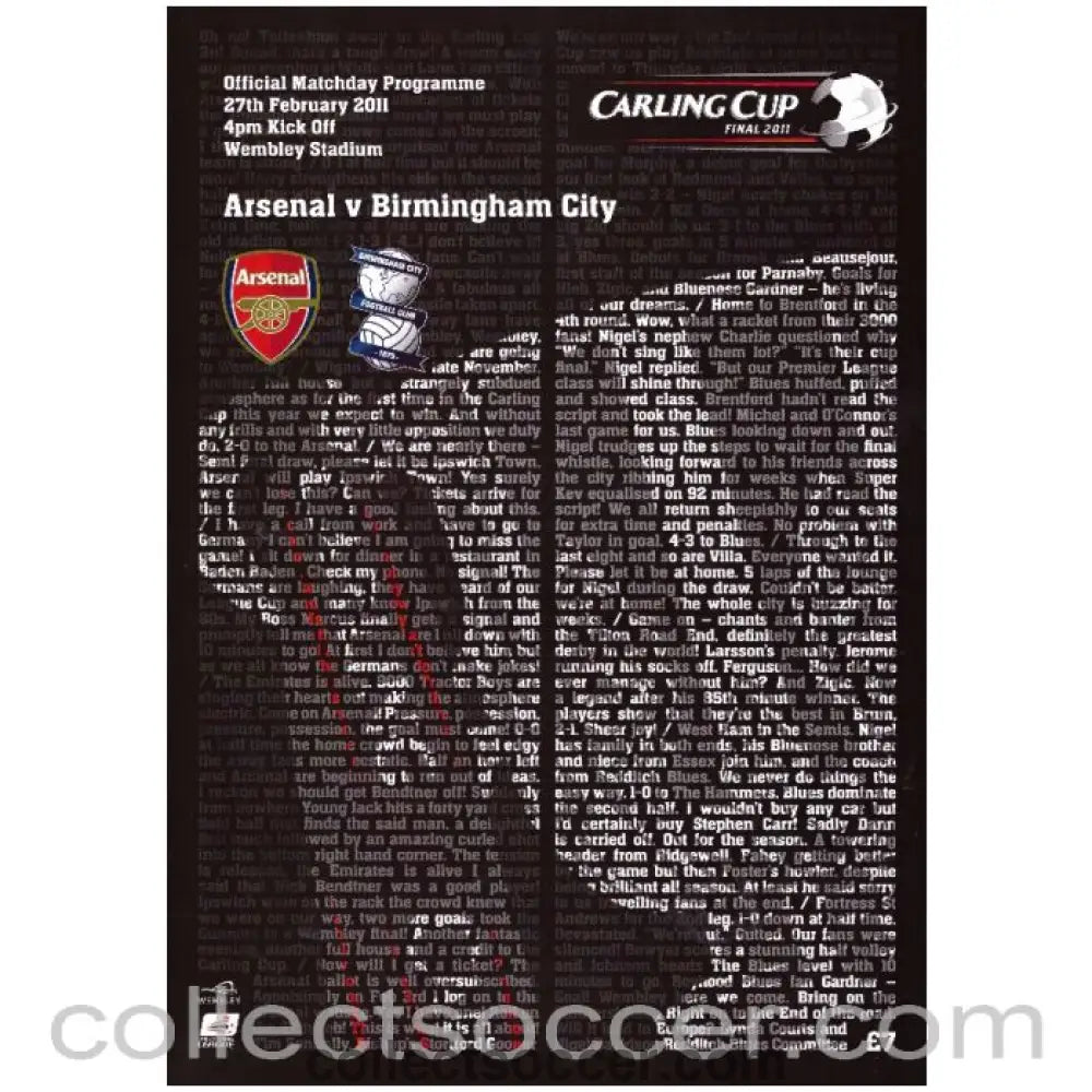 2011 Carling Cup Final Arsenal v Birmingham City Football Programme - Collect Soccer