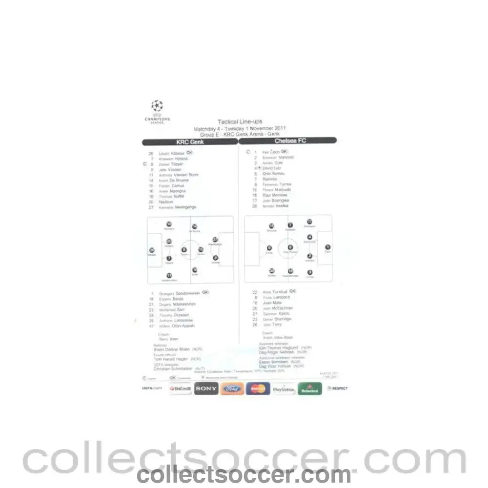 2011 - KRC Genk v Chelsea 01/11/2011 Champions League Comentator Teamsheet - Collect Soccer