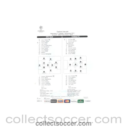 2011 - KRC Genk v Chelsea 01/11/2011 Champions League Comentator Teamsheet - Collect Soccer