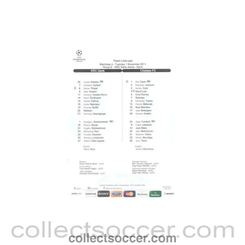 2011 - KRC Genk v Chelsea 01/11/2011 Champions League Teamsheet - Collect Soccer