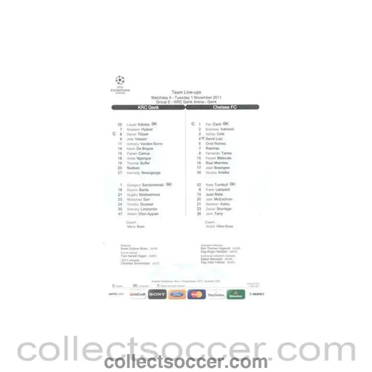 2011 - KRC Genk v Chelsea 01/11/2011 Champions League Teamsheet - Collect Soccer
