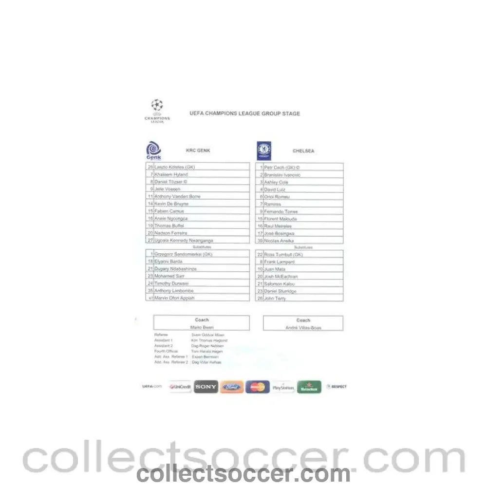 2011 - KRC Genk v Chelsea 01/11/2011 Champions League VIP Teamsheet - Collect Soccer