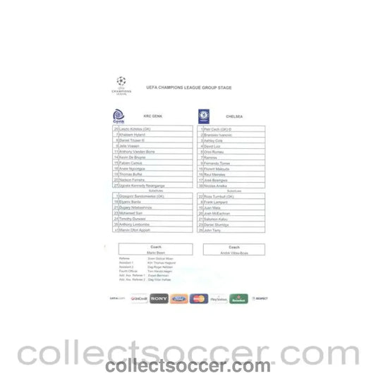 2011 - KRC Genk v Chelsea 01/11/2011 Champions League VIP Teamsheet - Collect Soccer